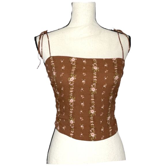 Reformation Top Crop Tank Square Neck Cami Tie Strap Brown Floral Ruched Side 0 - Picture 8 of 9